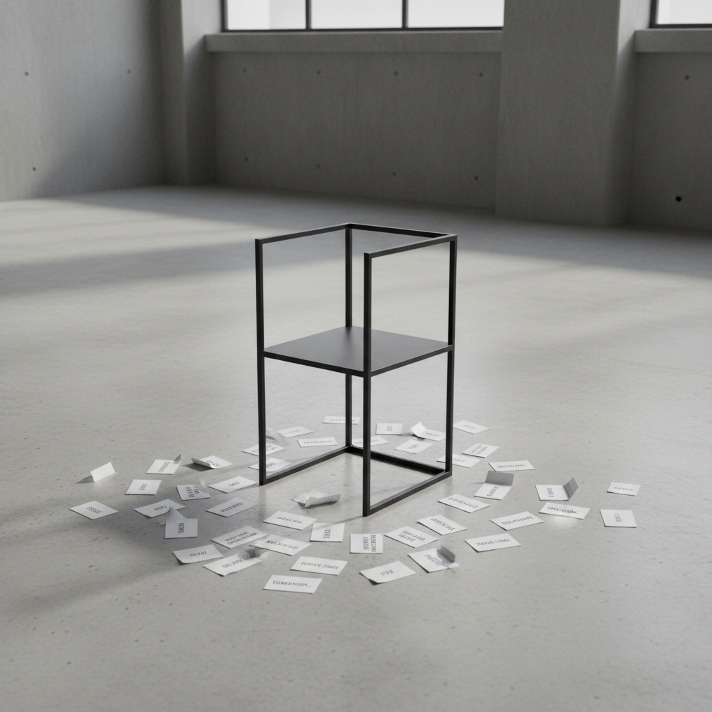 A single, minimalist metal chair in matte black stands in the middle of an empty, spacious concrete room, its clean lines and simple form sharply defined against the cool gray floor. Around it, scattered on the ground, lie small white cards with short, typed phrases and unfinished sentences, some overlapping, some curling slightly at the edges. Soft overcast daylight spills in from tall, unseen windows, creating a gentle gradient of brightness across the scene and soft, elongated shadows under the chair. Photographic realism with a slightly elevated angle and wide framing, evoking introspection, vulnerability, and the quiet chaos of untamed thoughts in a sophisticated, modern aesthetic.